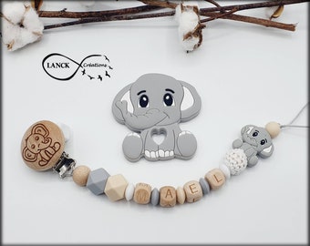 Attache tétine sucette personnalisée / prénom / jouet bébé naissance cadeau , modèle éléphant & clip gravé