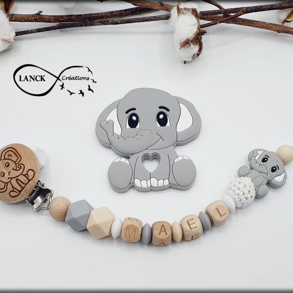 Personalized pacifier clip / first name / baby birth gift toy, elephant model & engraved clip