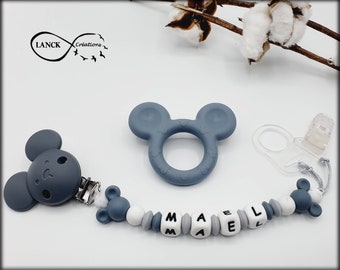 Attache tétine sucette personnalisée mickey/ prénom / jouet bébé naissance cadeau, modèle gris