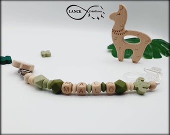 Clip de chupete personalizado/nombre/juguete de regalo de nacimiento de bebé, modelo lama de madera de cactus verde pistacho