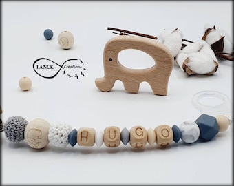 Personalisierter Schnullerclip / Vorname / Geschenk zur Geburt eines Babys, Elefantenmodell aus Holz