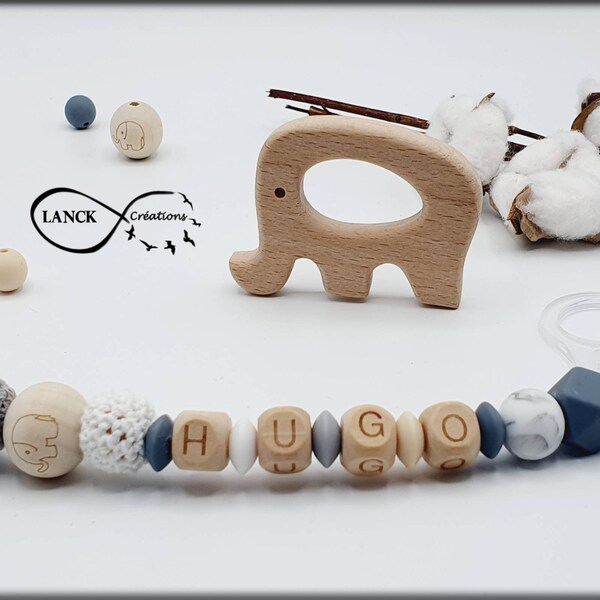 Personalisierter Schnullerclip / Vorname / Geschenk zur Geburt eines Babys, Elefantenmodell aus Holz