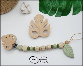 Attache tétine, attache sucette, cadeau de naissance / modèle feuille monstera verte & clip gravé