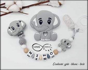 Personalisierter Schnullerclip / Vorname / Geschenk zur Geburt eines Babys, Elefantenmodell aus Silikon