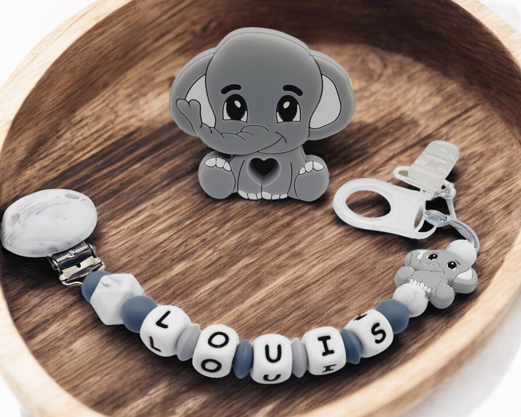 Personalized pacifier clip / first name / baby toy birth gift, marble elephant model