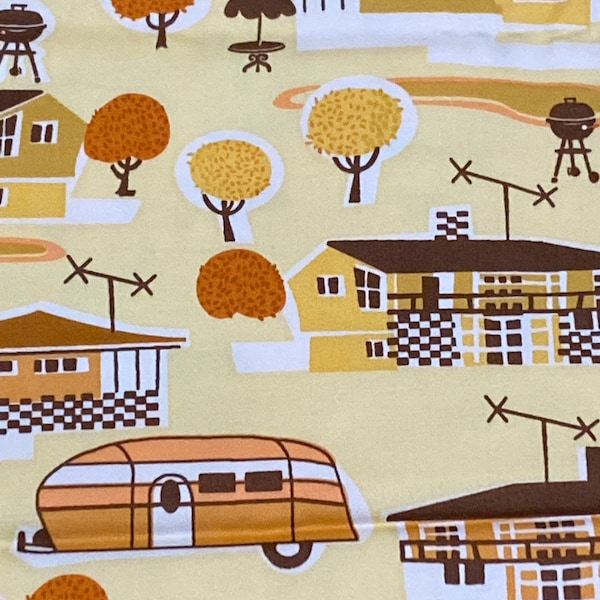 By the Yard cotton fabric BTY- 50s suburbia ranch houses classic cars airstreams bbq Americana yellow Printmaker Intl P#37167
