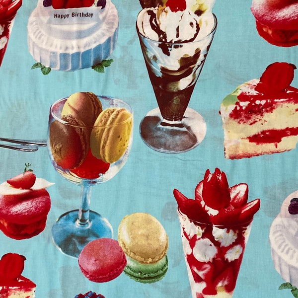 By the HALF Yard cotton rare pop import Japanese fabric Kokka PA-20380 81B - ice cream sundaes happy birthday cakes macaroons blueberry pie