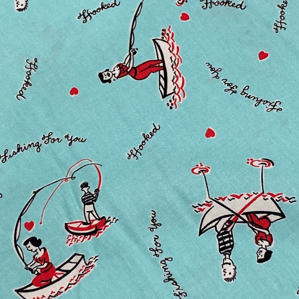 By the Yard cotton fabric BTY- retro fishing love valentine mod fabric by Michael Miller “Hooked” CX-5279