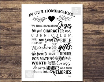 May include: A white framed print with black text on a wooden background. The text reads "In Our Homeschool" above a list of values, including "Jesus," "Character," and "Memories." A heart and floral elements are included.