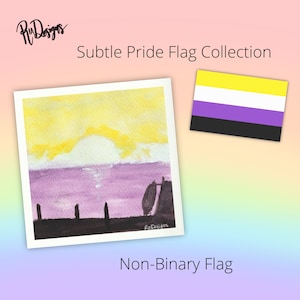 May include: A watercolor painting of a sunset over a purple and yellow sea. The painting is framed in white and has the text "R Designs" in the bottom right corner. The painting is part of a collection of subtle pride flags.