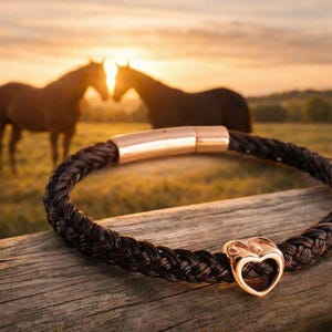 Könnte beinhalten: Geflochtenes, dunkelbraunes Armband mit einem goldfarbenen herzförmigen Anhänger und Verschluss. Das Armband liegt auf einer Holzoberfläche, mit zwei Pferden im Hintergrund, vor einem Sonnenuntergang.