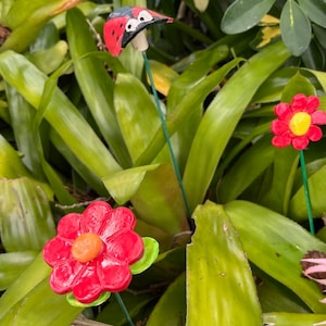 Ceramic Flower stakes, Ladybug, Plant Stake, Yard Art, hand crafted
