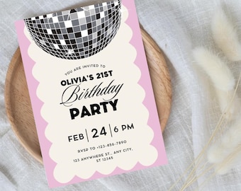 Pink Birthday Invite, 21st Birthday Invitation, Birthday Party, Printable Invitation, Editable Digital Download Template, disco Invite