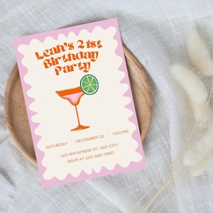 Pink Birthday Invite, 21st Birthday Invitation, Birthday Party, Printable Invitation, Editable Digital Download Template, Cocktail Invite