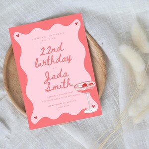 Pink Birthday Invite, 21st Birthday Invitation, Birthday Party, Printable Invitation, Editable Digital Download Template, Cocktail Invite