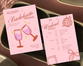 Bachelorette weekend Invitation and Itinerary Template, Cocktail Bachelorette Party Invite, Vintage hand drawn, editable