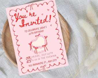 Girly Birthday Invite, 21st Birthday Invitation, Birthday Party, Printable Invitation, Editable Digital Download Template, cake Invite