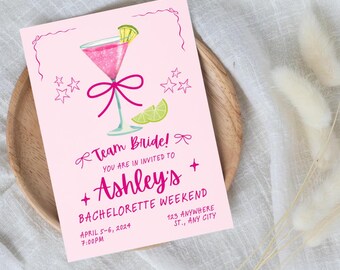 Bachelorette weekend Invitation and Itinerary Template, Cocktail Bachelorette Party Invite, Vintage hand drawn, editable