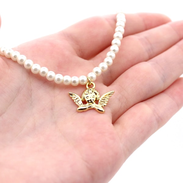 Pearl necklace with angel charm, cherub necklace, gold plated necklace, dainty necklace, gift