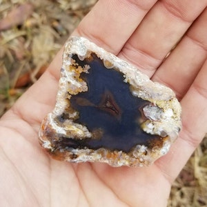 May include: A close-up of a dark gray agate with white and brown banding. The agate is smooth and polished, and it has a natural, irregular shape.