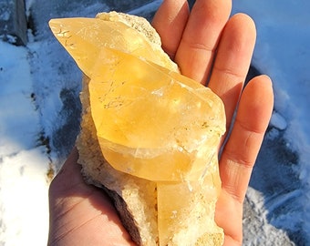 Giant Double Terminated Golden Stellarbeam Calcite Crystals Conjoined on Matrix (Montana) 11.7oz