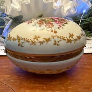 Antique Porcelain Blue and Gold With Flowers Hinged Jewelry Trinket Box