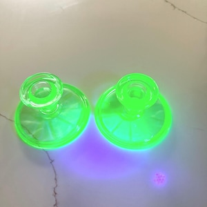 Pair of Vaseline Uranium Glass Candlestick Holders Excellent Condition Beautiful Glow