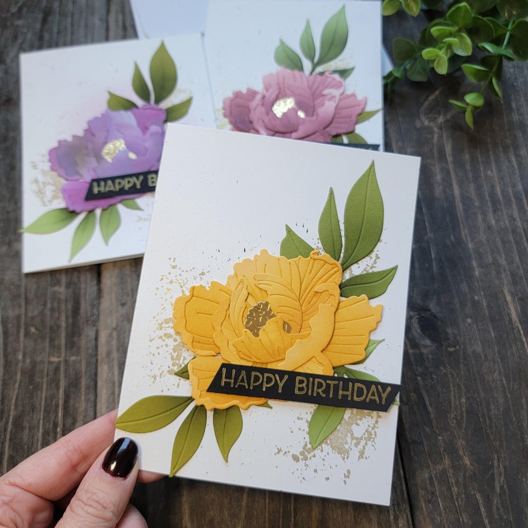 Handmade Layered Flower Birthday Card: Gold Stamped Greeting - Etsy