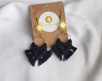 Macrame Hexagon Drop Earrings | Black