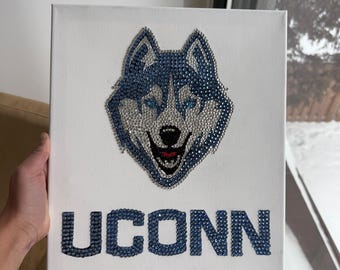 Può includere: Opera d'arte su tela bianca con una testa di cane husky dettagliata e scintillante in strass blu e argento. Sotto, le parole "UCONN" e "HUSKIES" sono scritte con strass blu. L'opera d'arte è tenuta da una persona.