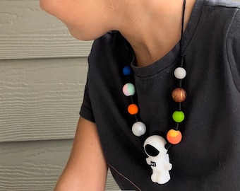OUTERSPACE Fidget Necklace  - Play Jewelry for Kids, Silicone Toy, Astronaut, Planets, Space, Boy Sensory Necklace, Fidget, Infiniti Beyond
