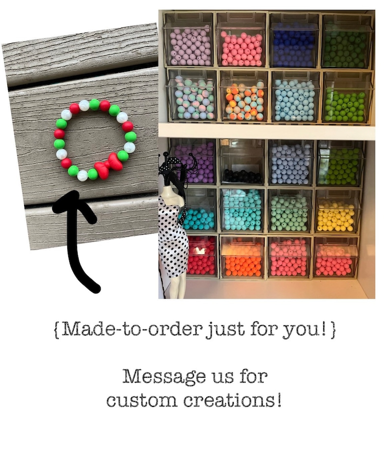 May include: A Christmas wreath bracelet made with green, white, and red silicone beads. The bracelet is displayed on a wooden surface. The image also shows a variety of silicone beads in different colors, organized in clear containers. The text "{Made-to-order just for you!}" and "Message us for custom creations!" is visible below the image.