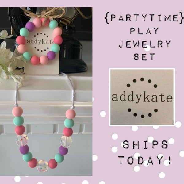 Play Jewelry Set {PARTYTIME} - Toy Silicone Beads, Girl Jewelry, Toddler Necklace, Gift, Little Girl, Dress Up, Birthday Present