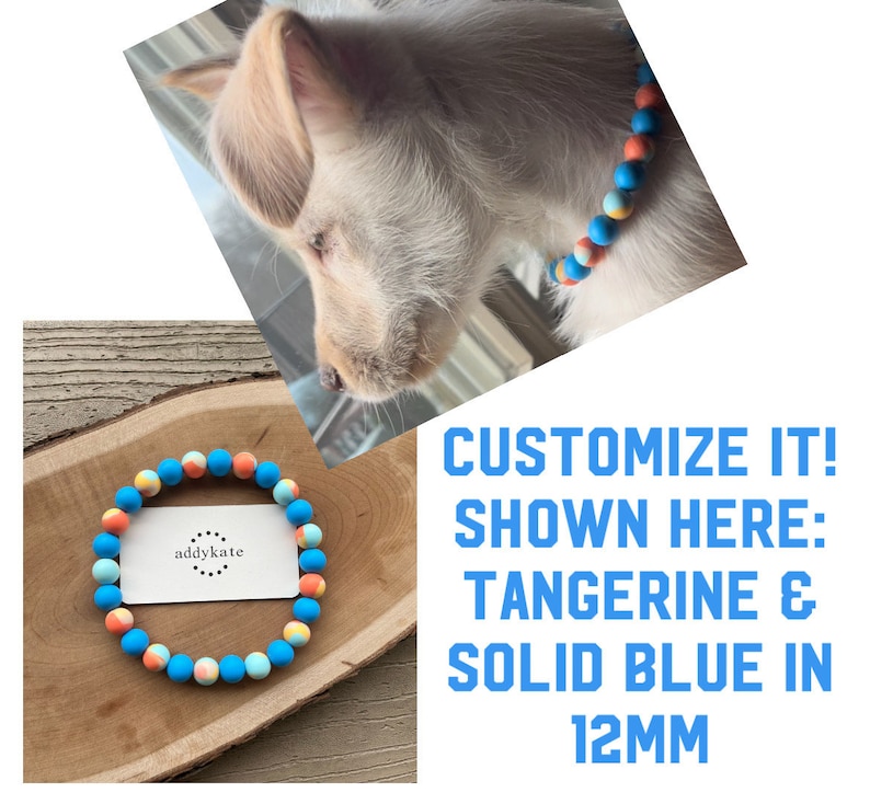 May include: A close-up of a colorful beaded dog collar with a tangerine and blue color scheme. The collar is made of 12mm beads and has a tag that says "addykate".