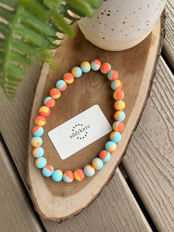 Tie-Dye Silicone Bead Dog Necklace: Elastic Stretch Puppy Collar {TANGERINE}