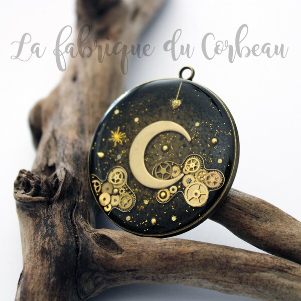 Grand collier Steampunk, Lune et nuage, Engrenage, Mécanisme