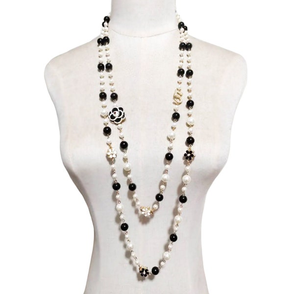 New Black/White Camellia Flower Pearl Long Chain Necklace Jewelry Black and Pearl