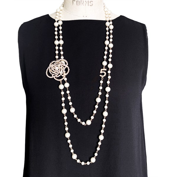 Layered Pearl chain Necklace multi-layer Big Pearl/Rhinestone camellia Flower long Necklace Jewelry