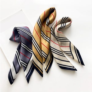 100% Silk Square Scarf  Print Stripe versatile as Hair Band, Wrist Foulard, Neckerchief in England Style. Doubles as Bandana, 20"x20