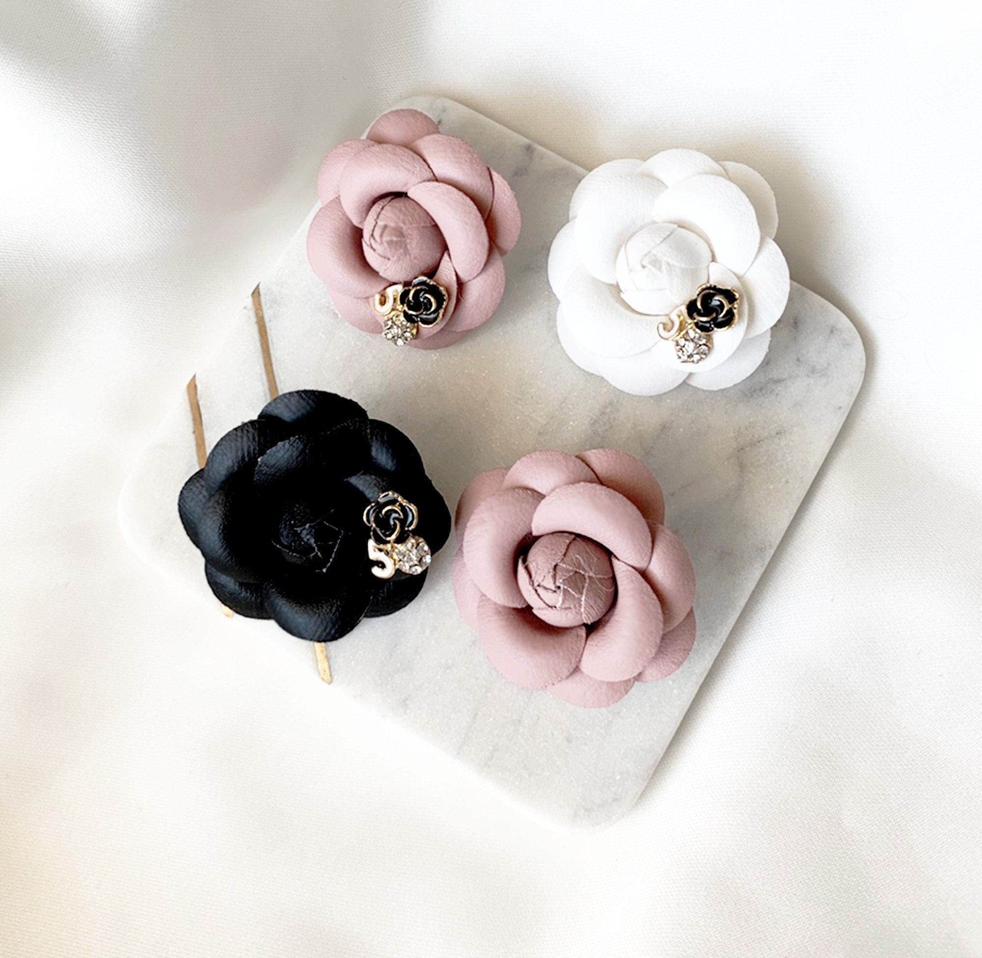 CHANEL Denim Camellia Brooch Pin Black Flower Women From Japan Genuine USED