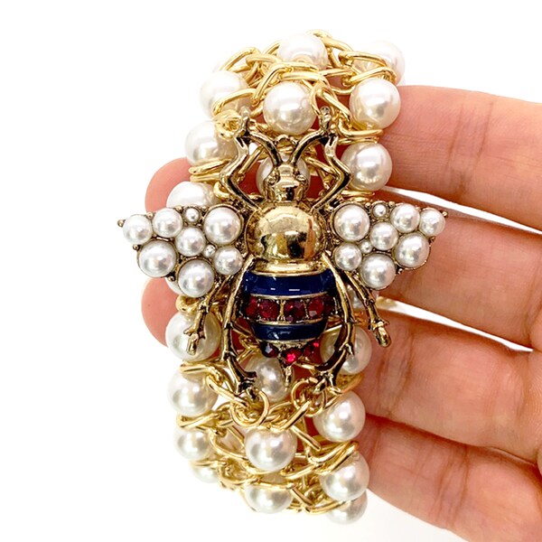 Luxury Elastic Crystal Bee Pearl Statement Vintage Bracelet For Women Jewelry