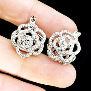 Camellia Crystal Zircon Hollow Silver Earrings: Luxury Wedding Engagement Jewelry