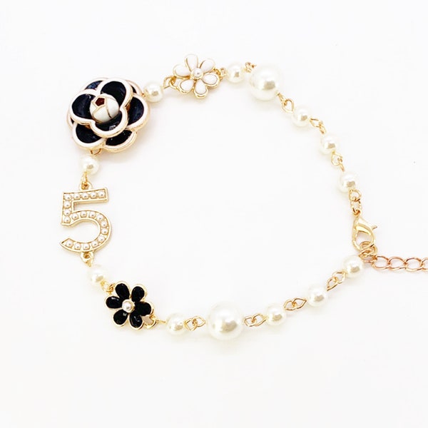 Luxury Handmade  Pearl chain Bracelet Bangle camellia Flower Jewelry