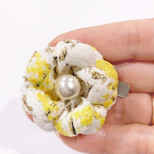 Camellia Yellow Tweed flower Lapel Pins  Fabric Flower Pearl Corsage Handmade Elegant Fashion Jewelry