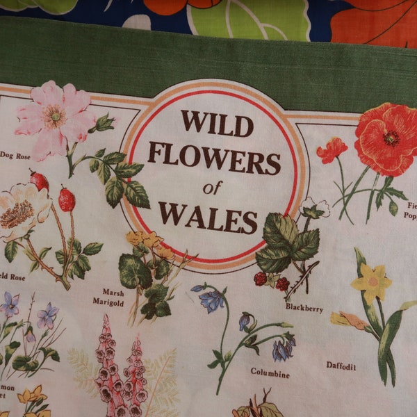 Vintage Tea Towel 1970's Wild Flowers of Wales, Retro Kitchen, Kitsch Decor