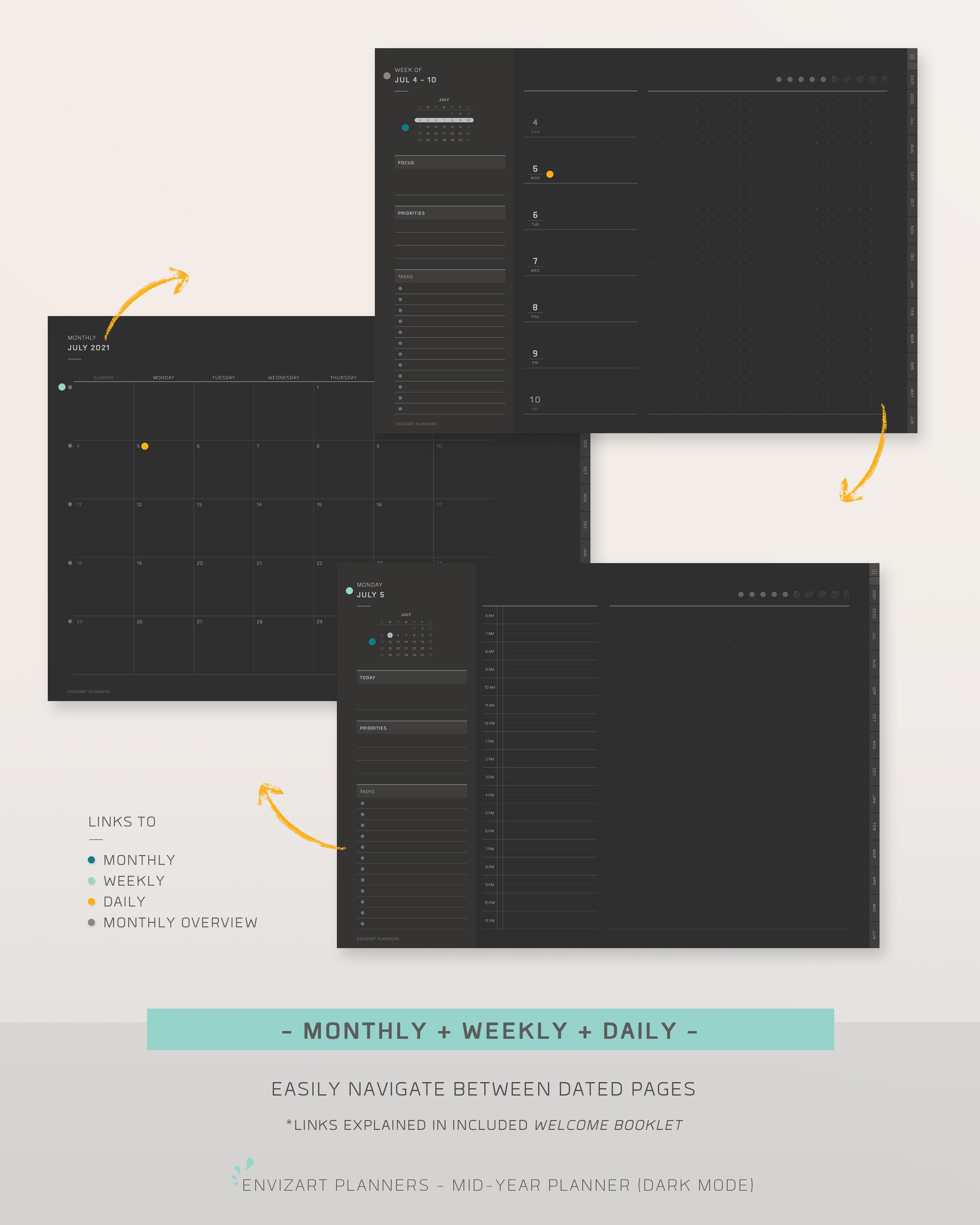 MidYear Digital Planner Dark Mode Classic Weekly Etsy