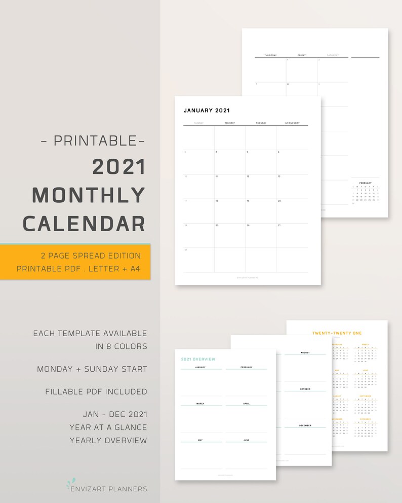 2021 Printable Monthly Calendar 2 Page Spread Monday | Etsy