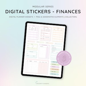 May include: A digital tablet displays finance-themed digital stickers. The screen shows various pastel-colored widgets for financial planning, including budget trackers and expense logs. The image includes the text "DIGITAL STICKERS - FINANCES".