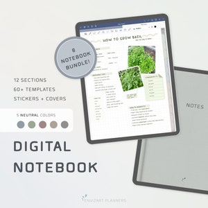 Cyfrowy notatnik, neutralne kolory, notatnik studencki, notatnik GoodNotes, cyfrowy dziennik, 12 zakładek, szablony cyfrowych notatek, notatki samoprzylepne