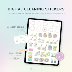 Op de afbeelding: Een set digitale planner stickers met 23 handgetekend schoonmaakthema widgets, 10 badges en 13 labels. De stickers zijn in verschillende kleuren en bevatten illustraties van schoonmaakbenodigdheden, zoals bezems, dweilen, stofzuigers en schoonmaakflessen. De stickers zijn ontworpen voor gebruik in digitale planners en notitie-apps.